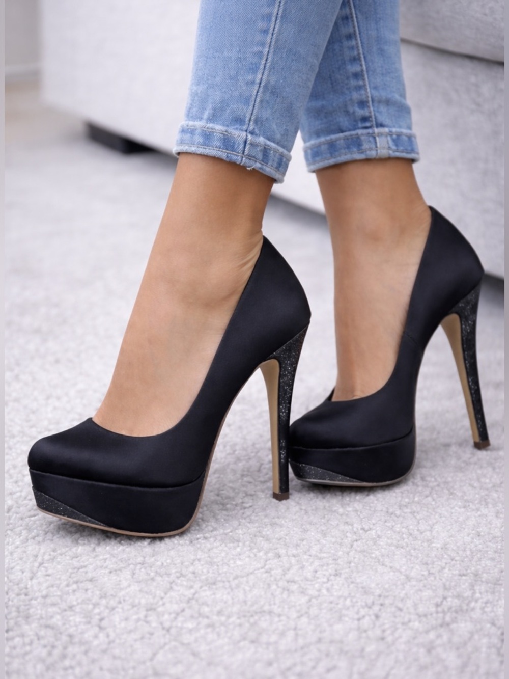 David Tutera Black GRAND Platform Glitter Heels Pumps